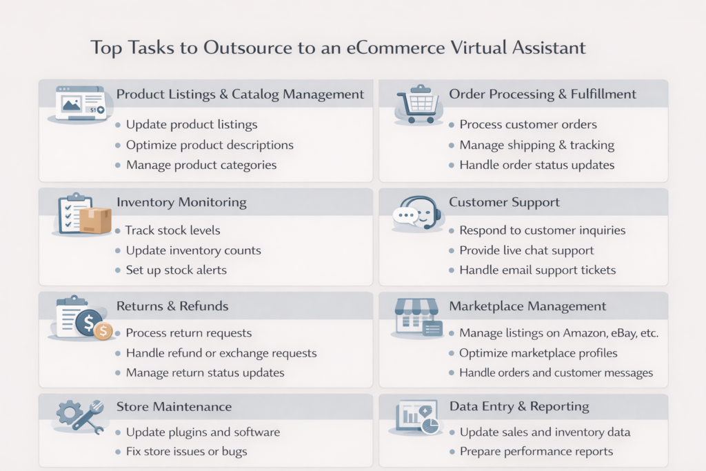 A detailed chart titled "Top Tasks to Outsource to an eCommerce Virtual Assistant," breaking down key responsibilities into sections like product listings, order processing, inventory monitoring, customer support, returns, marketplace management, store maintenance, and reporting.