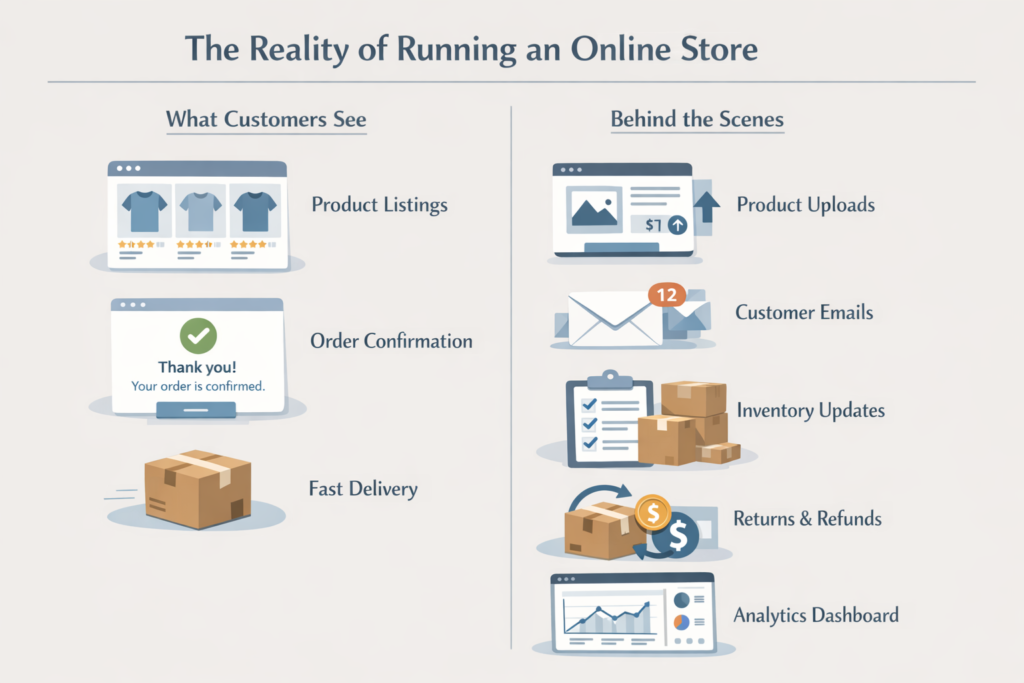 Comparison infographic titled "The Reality of Running an Online Store," contrasting "What Customers See" (listings, confirmations, delivery) with "Behind the Scenes" (uploads, emails, inventory, returns, analytics).