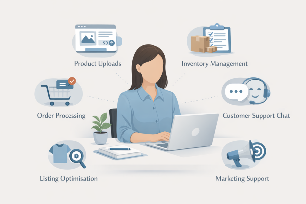 Illustration of a female remote professional at a laptop surrounded by icons representing e-commerce tasks: product uploads, inventory, customer support, marketing, listing optimization, and order processing.
