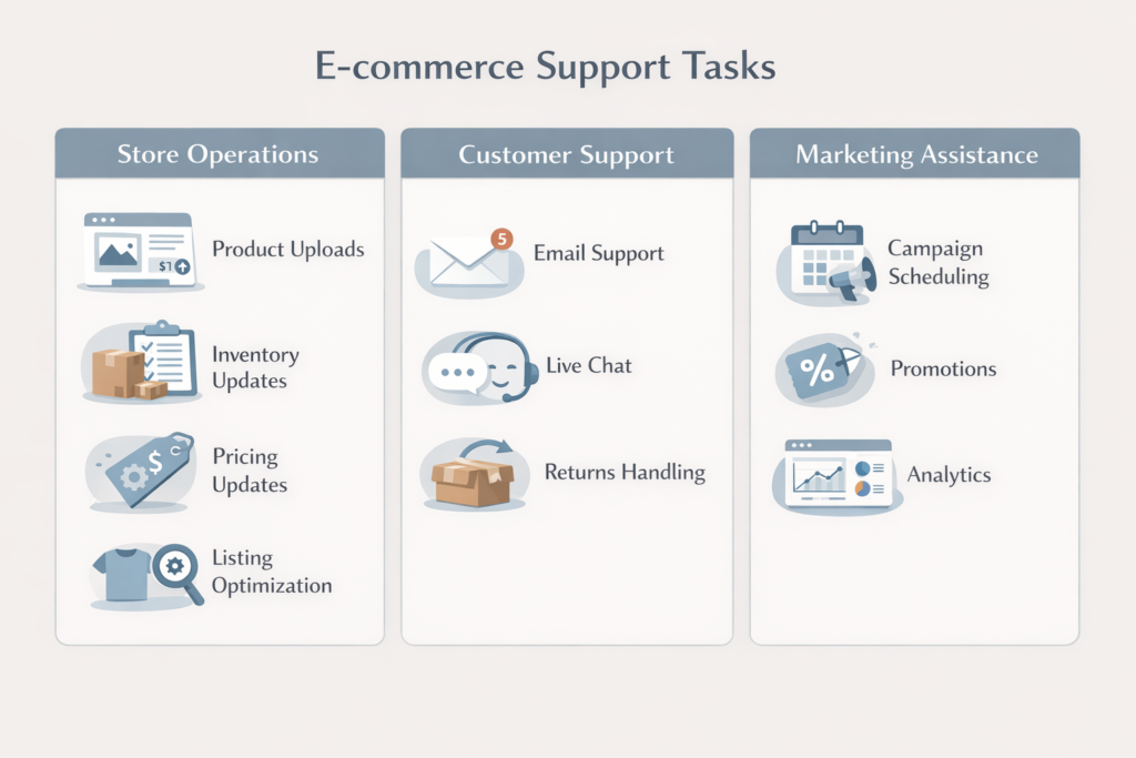 Infographic detailing "E-commerce Support Tasks" categorized into three columns: Store Operations, Customer Support, and Marketing Assistance.