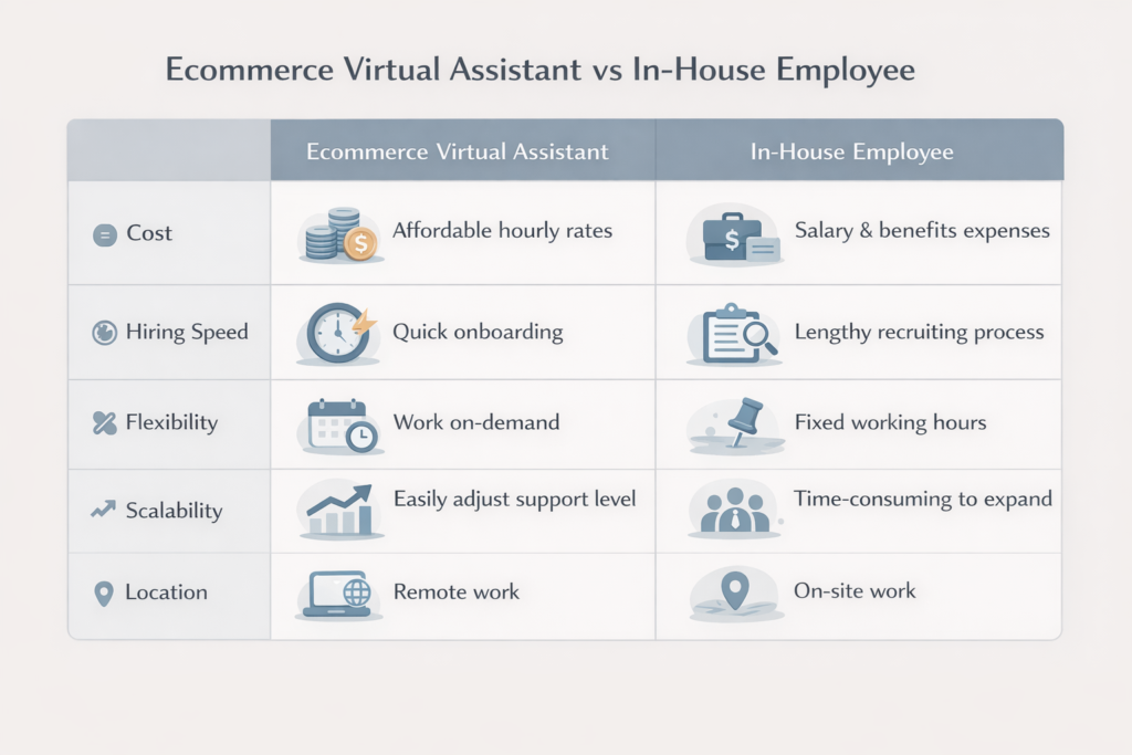 Comparison table contrasting an "Ecommerce Virtual Assistant" with an "In-House Employee" across key metrics: Cost, Hiring Speed, Flexibility, Scalability, and Location.