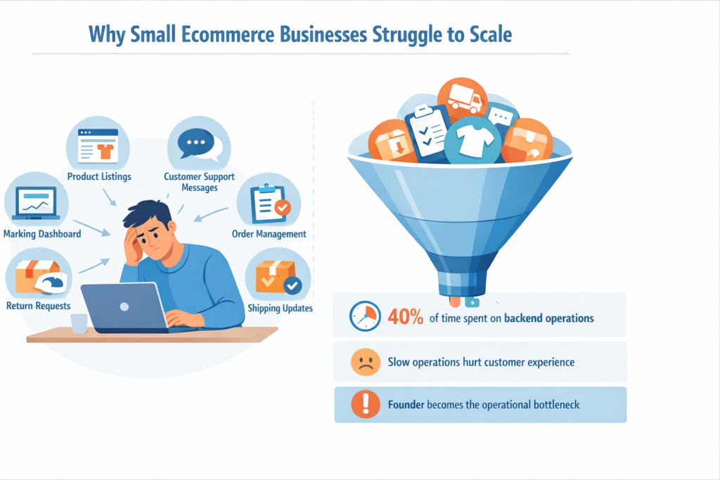 An infographic titled "Why Small Ecommerce Businesses Struggle to Scale," showing an overwhelmed business owner bombarded by tasks like product listings and customer support, feeding into a bottleneck funnel that highlights that 40% of time is spent on backend operations.