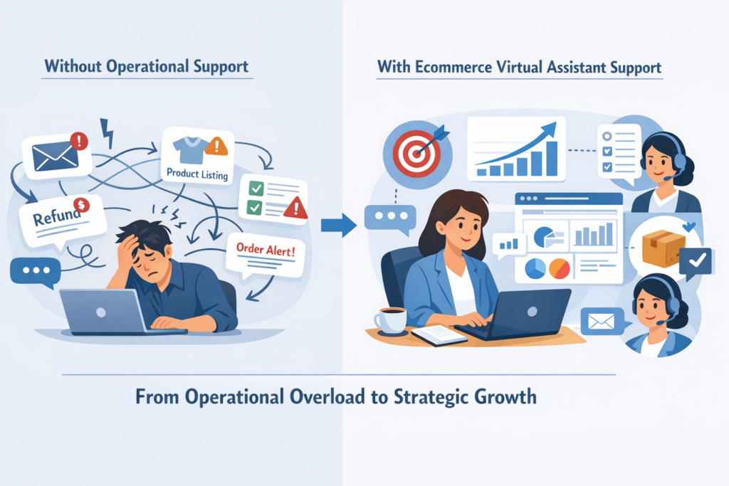 A side-by-side comparison infographic titled "From Operational Overload to Strategic Growth." The left side shows an overwhelmed entrepreneur "Without Operational Support" buried under chaos, while the right side shows an organized business owner scaling efficiently "With Ecommerce Virtual Assistant Support."
