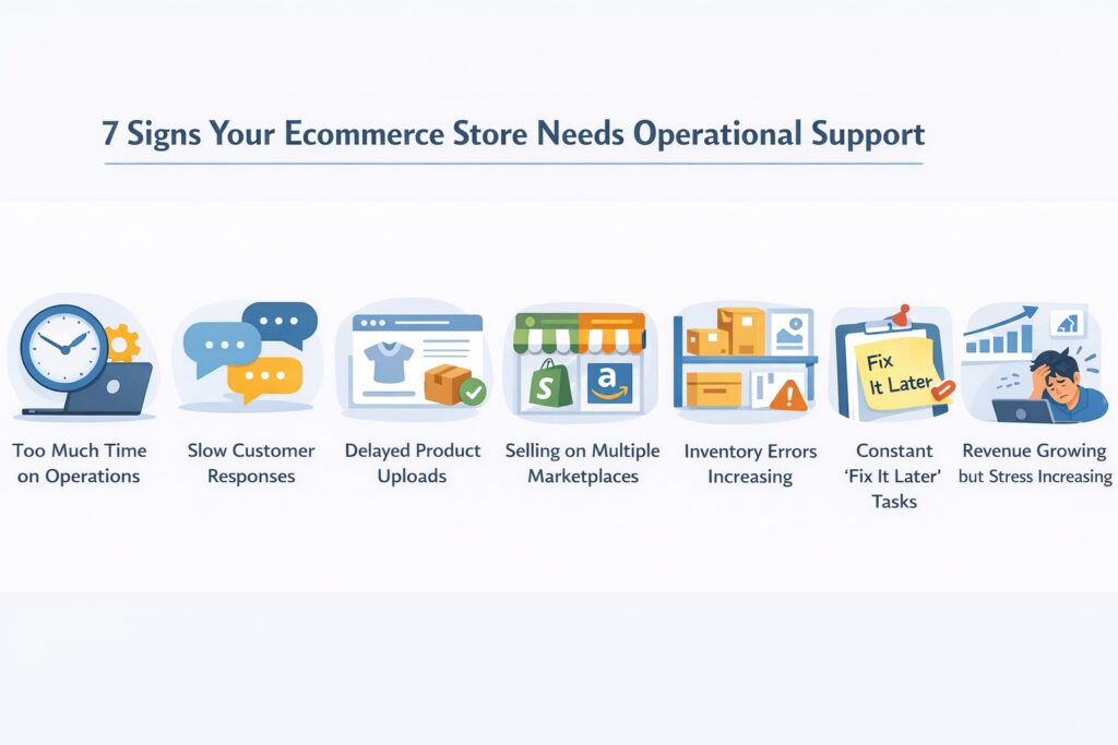 An infographic titled "7 Signs Your Ecommerce Store Needs Operational Support," featuring a row of icons illustrating pain points like too much time on operations, slow customer responses, inventory errors, and increasing stress.