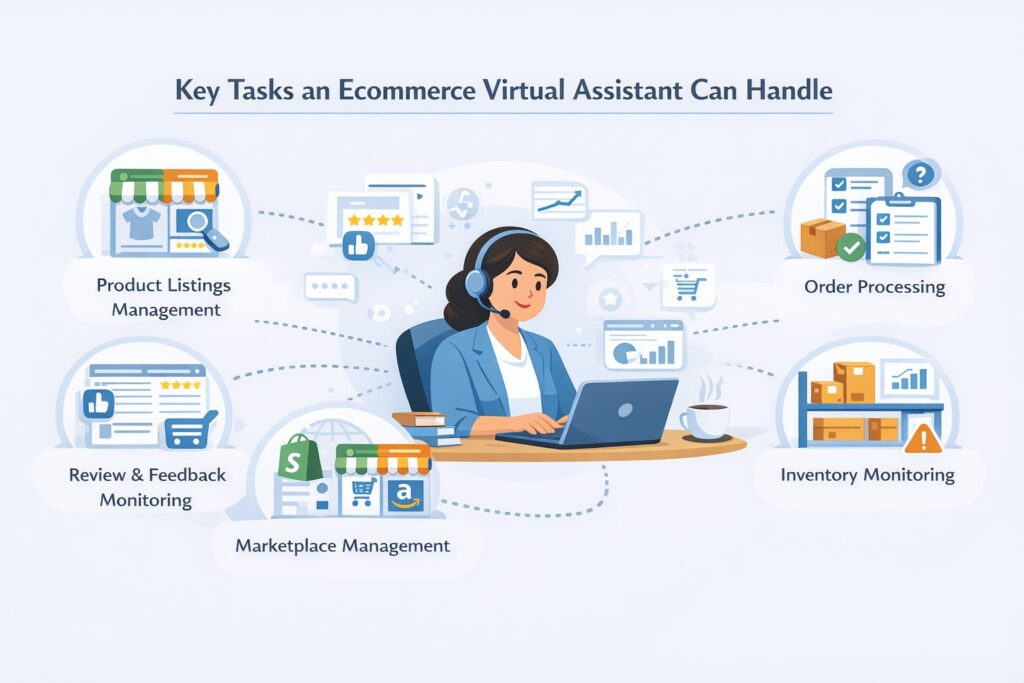 An infographic titled "Key Tasks an Ecommerce Virtual Assistant Can Handle," featuring a central illustration of a focused remote support specialist surrounded by core service categories: product listings management, review and feedback monitoring, marketplace management, inventory monitoring, and order processing.