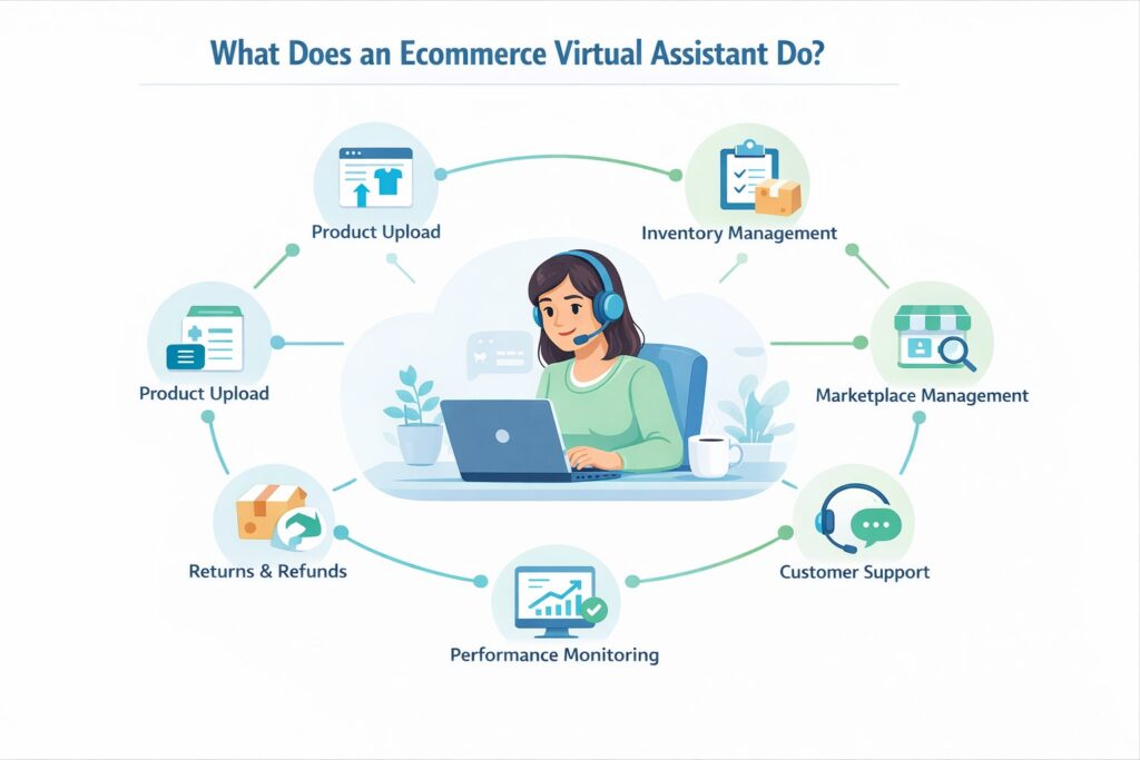 An infographic titled "What Does an Ecommerce Virtual Assistant Do?" showing a central illustration of a remote worker surrounded by core responsibilities including product uploads, inventory management, customer support, and returns.
