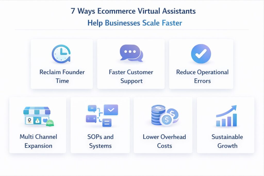 An infographic detailing "7 Ways Ecommerce Virtual Assistants Help Businesses Scale Faster," listing benefits such as reclaiming founder time, faster customer support, reduced operational errors, and lower overhead costs.