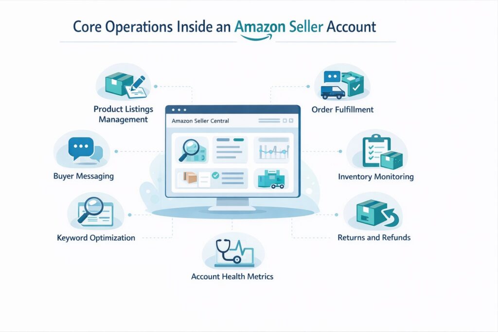 A technical infographic titled "Core Operations Inside an Amazon Seller Account." A central computer screen showing an Amazon Seller Central dashboard is surrounded by seven connected circles highlighting core daily tasks: Product Listings Management, Order Fulfillment, Inventory Monitoring, Returns and Refunds, Account Health Metrics, Keyword Optimization, and Buyer Messaging.