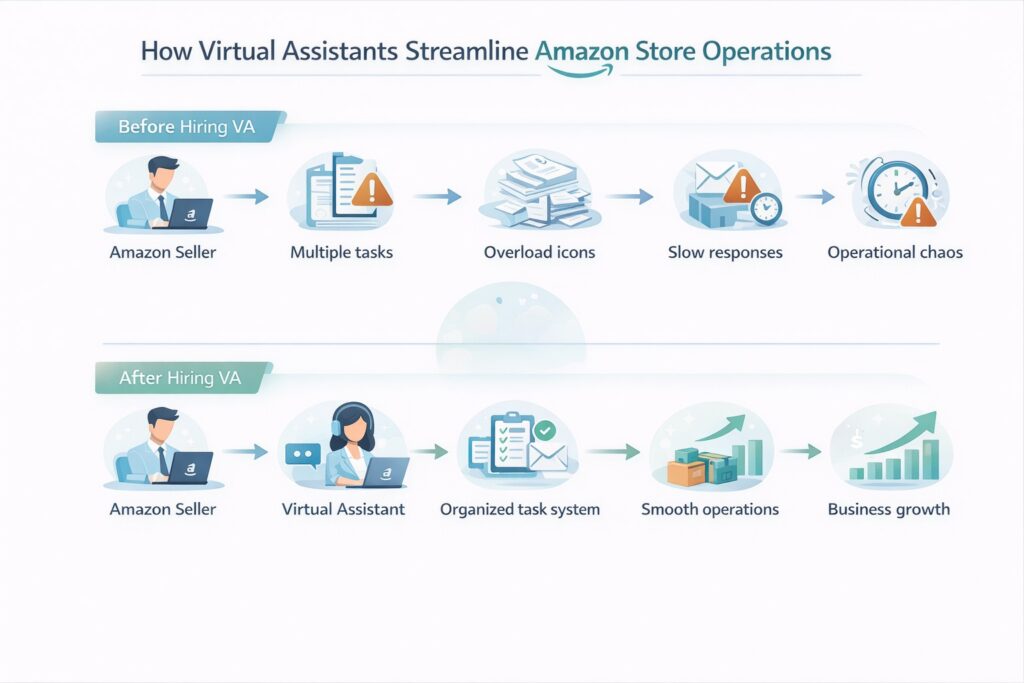 A sequential process infographic titled "How Virtual Assistants Streamline Amazon Store Operations." The top timeline ("Before Hiring VA") maps an Amazon seller moving through multiple tasks, overload, and slow responses to "Operational chaos." The bottom timeline ("After Hiring VA") shows the seller working with a Virtual Assistant, resulting in an organized task system, smooth operations, and "Business growth."