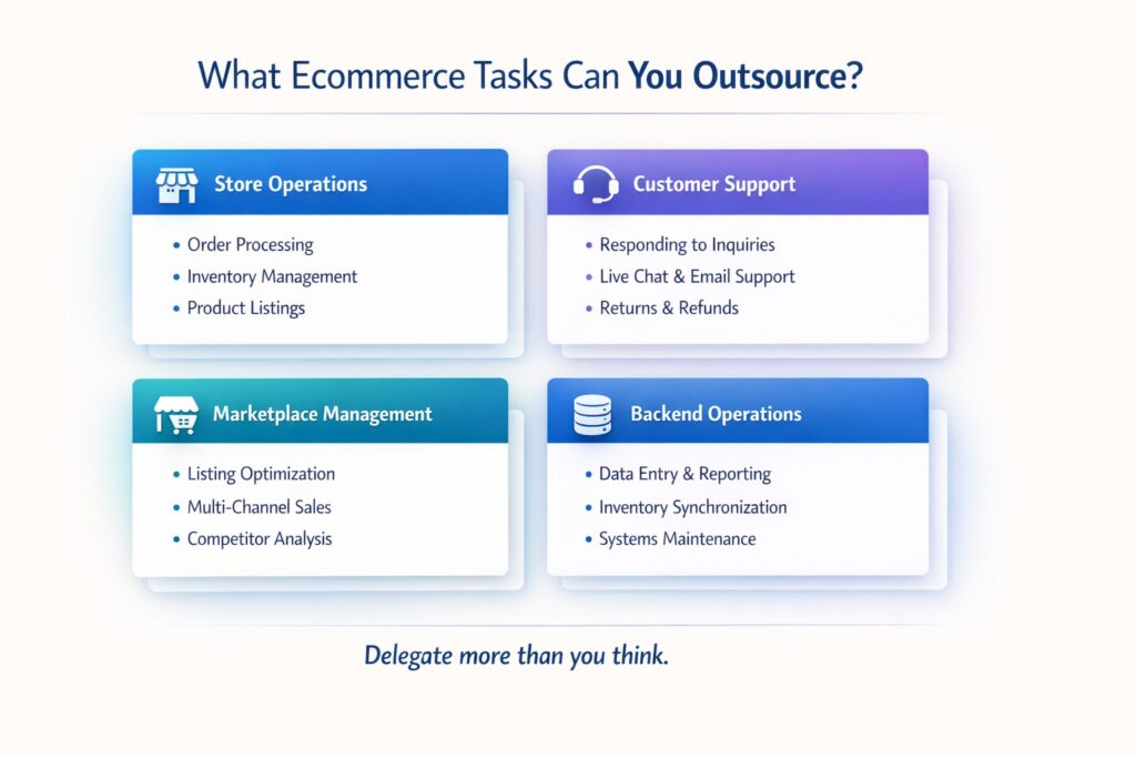 A grid infographic titled "What Ecommerce Tasks Can You Outsource?" broken into four colored sections: Store Operations (order processing, inventory, listings), Customer Support (inquiries, live chat, returns), Marketplace Management (optimization, multi-channel, competitor analysis), and Backend Operations (data entry, synchronization, maintenance). A footer reads: "Delegate more than you think."