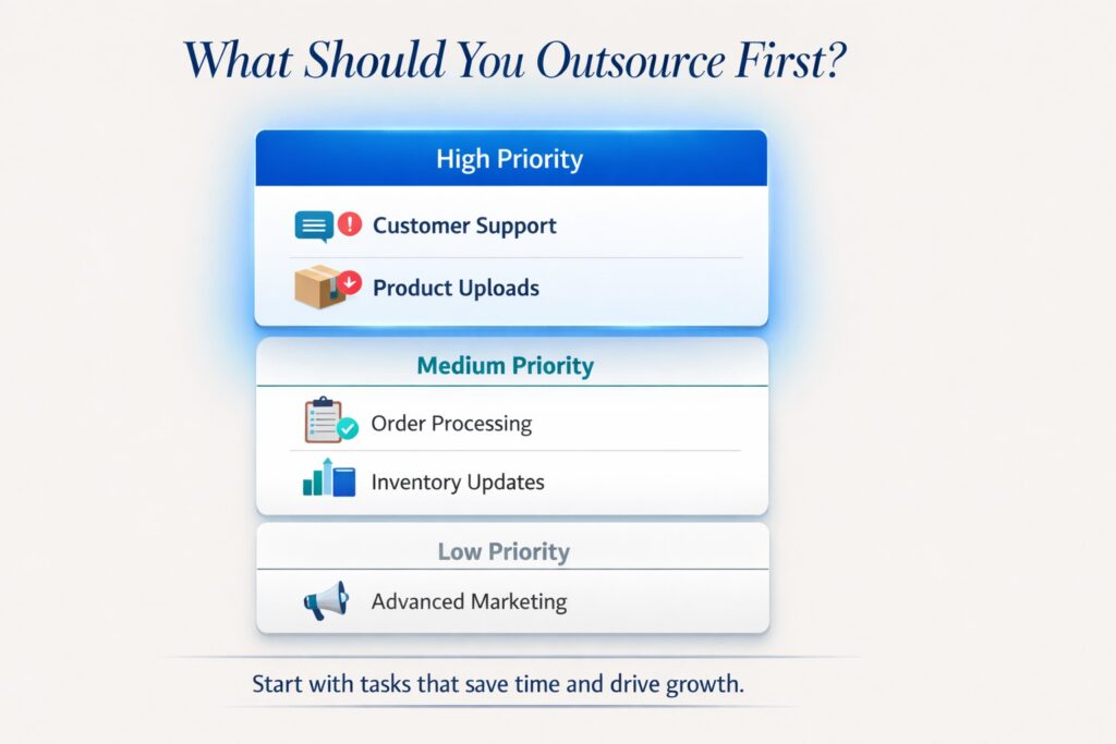 A prioritized list graphic titled "What Should You Outsource First?" It categorizes tasks into three stacked blocks: High Priority (Customer Support, Product Uploads), Medium Priority (Order Processing, Inventory Updates), and Low Priority (Advanced Marketing). A bottom note reads: "Start with tasks that save time and drive growth."