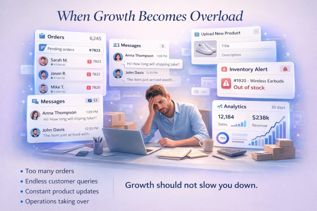 A conceptual digital graphic titled "When Growth Becomes Overload." It depicts an overwhelmed businessman at his desk with his hand on his head, surrounded by floating e-commerce UI windows showing thousands of pending orders, unread messages, inventory alerts, and complex charts. A bottom caption reads: "Growth should not slow you down."