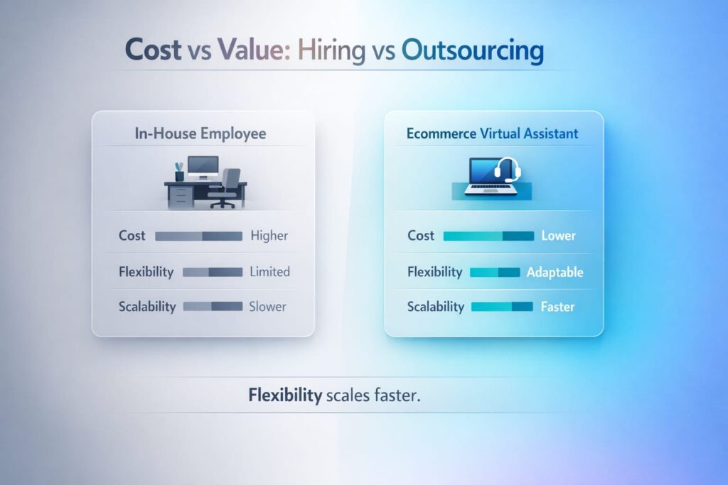 A comparison graphic titled "Cost vs Value: Hiring vs Outsourcing." It features side-by-side metric bars contrasting an "In-House Employee" (higher cost, limited flexibility, slower scalability) against an "Ecommerce Virtual Assistant" (lower cost, adaptable flexibility, faster scalability). A bottom tagline reads: "Flexibility scales faster."