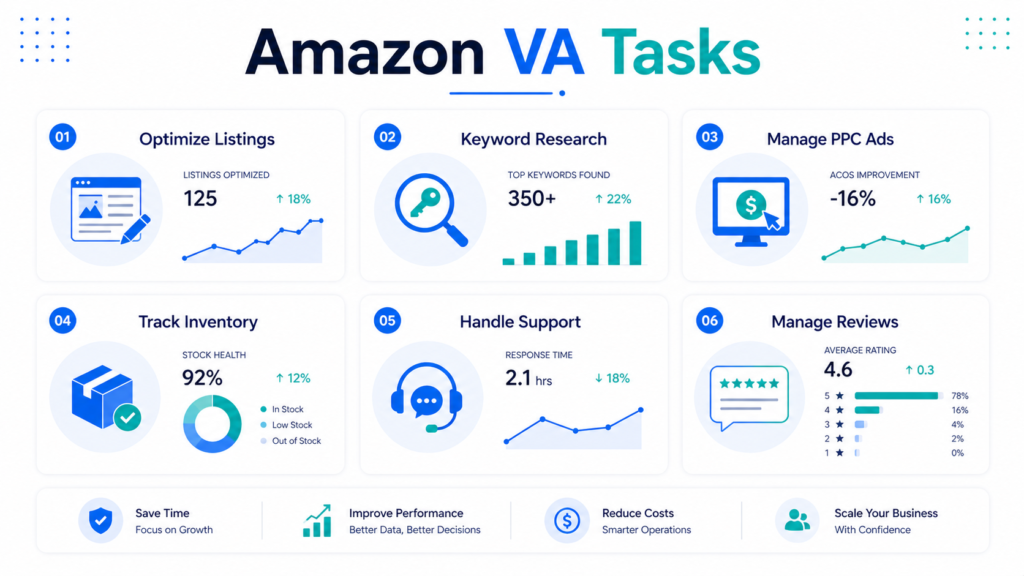 Infographic titled "Amazon VA Tasks" detailing 6 key areas: Optimize Listings, Keyword Research, Manage PPC Ads, Track Inventory, Handle Support, and Manage Reviews. Each task features relevant icons, performance metrics, and positive growth trends.