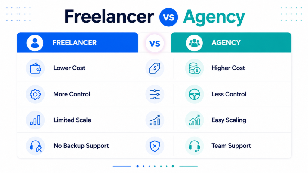 A comparison table titled "Freelancer vs Agency". Freelancer columns list Lower Cost, More Control, Limited Scale, and No Backup Support. Agency columns contrast with Higher Cost, Less Control, Easy Scaling, and Team Support.
