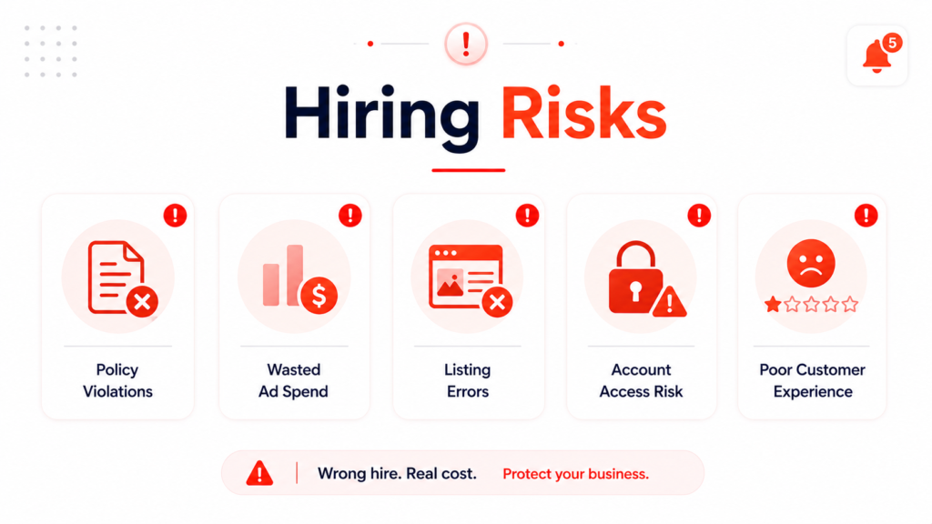 Infographic titled "Hiring Risks" warning about the wrong hire. It lists 5 red alert cards with warning icons: Policy Violations, Wasted Ad Spend, Listing Errors, Account Access Risk, and Poor Customer Experience.