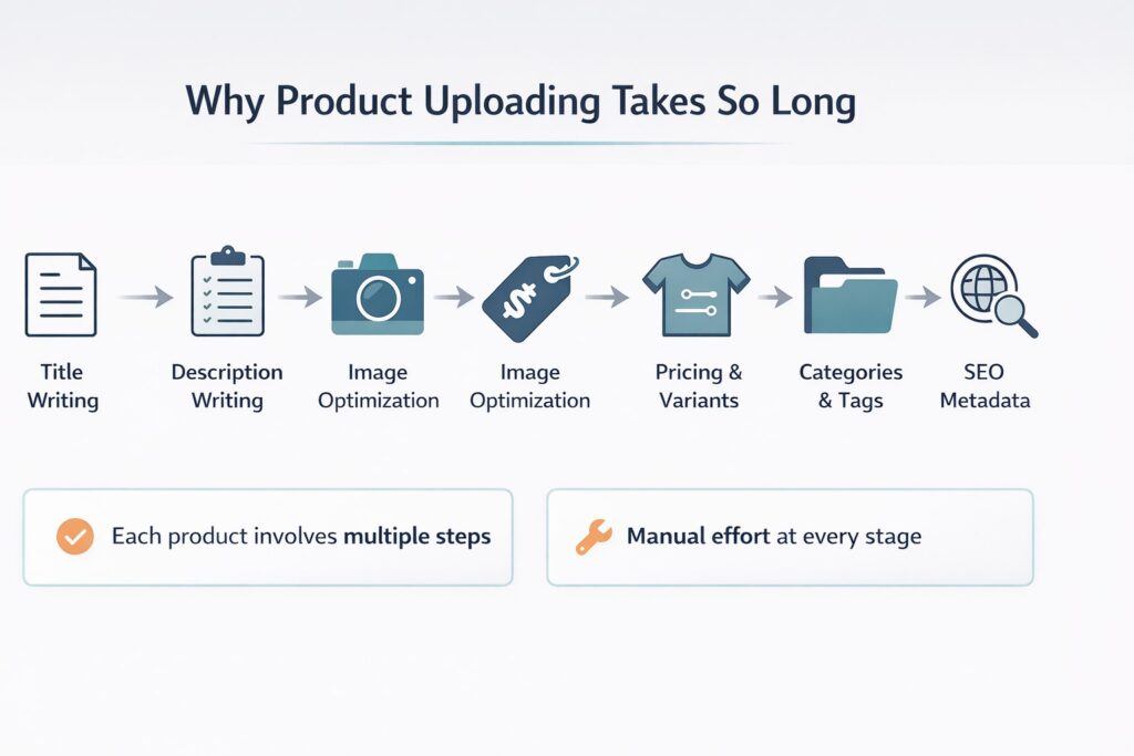 An e-commerce infographic titled "Why Product Uploading Takes So Long." It features a 7-step sequential workflow using blue icons and arrows: Title Writing, Description Writing, Image Optimization (camera icon), Image Optimization (price tag icon), Pricing & Variants, Categories & Tags, and SEO Metadata. Two bottom callout boxes note: "Each product involves multiple steps" and "Manual effort at every stage."