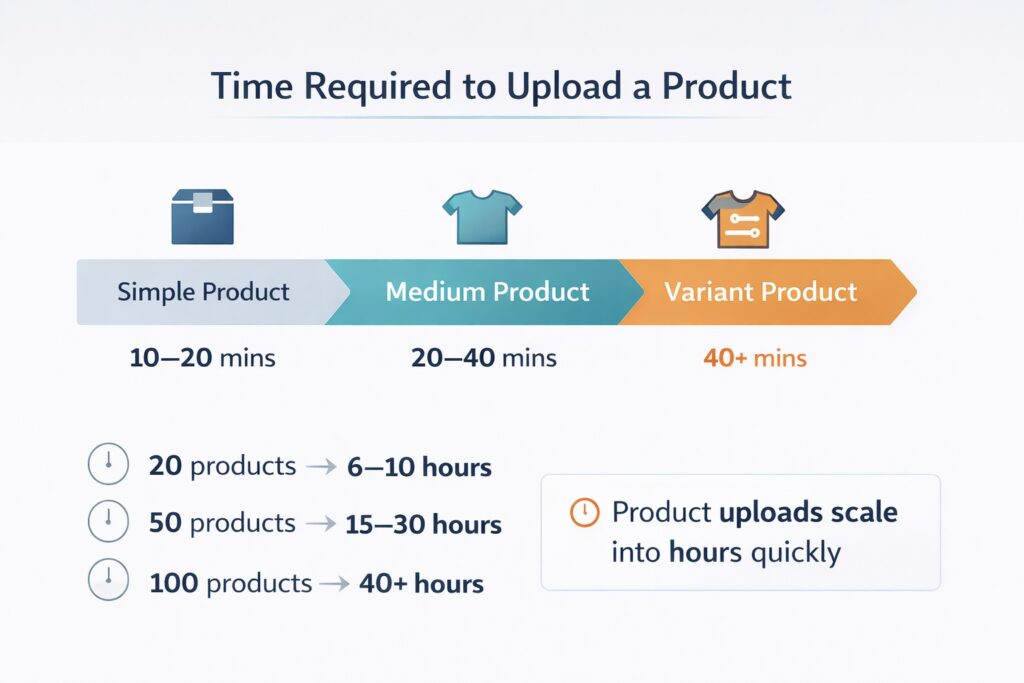 An infographic titled "Time Required to Upload a Product." A central chevron timeline breaks down upload times by complexity: Simple Product (10–20 mins), Medium Product (20–40 mins), and Variant Product (40+ mins). Below, it illustrates how volume scales: 20 products take 6–10 hours, 50 products take 15–30 hours, and 100 products take 40+ hours. A bottom box notes: "Product uploads scale into hours quickly."