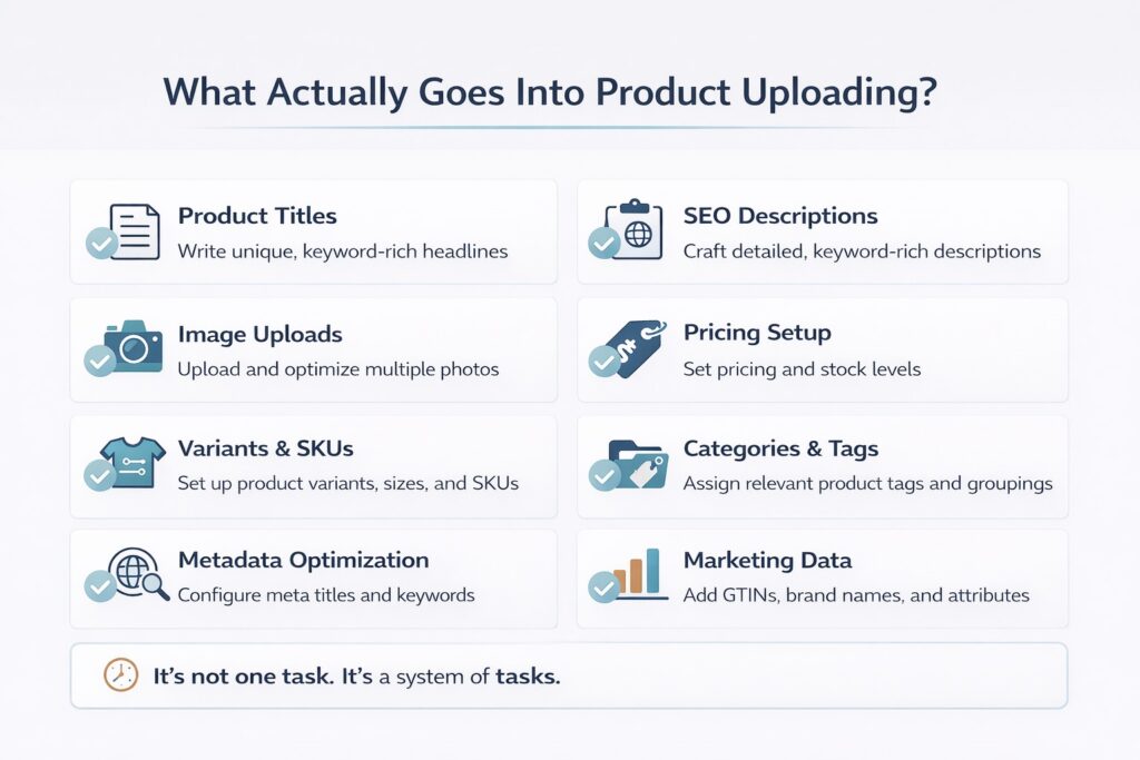 Alt Text: An infographic titled "What Actually Goes Into Product Uploading?" organized into a two-column grid of eight task cards with blue icons and checkmarks. The tasks listed are: Product Titles, SEO Descriptions, Image Uploads, Pricing Setup, Variants & SKUs, Categories & Tags, Metadata Optimization, and Marketing Data. A bottom banner reads: "It’s not one task. It’s a system of tasks."