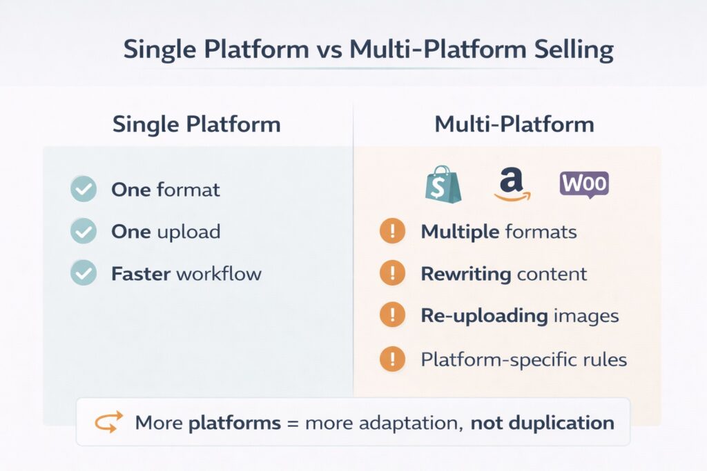 A comparison infographic titled "Single Platform vs Multi-Platform Selling." The left "Single Platform" column uses green checkmarks for features: One format, One upload, and Faster workflow. The right "Multi-Platform" column displays Shopify, Amazon, and WooCommerce logos, with orange exclamation marks highlighting challenges: Multiple formats, Rewriting content, Re-uploading images, and Platform-specific rules. A bottom callout reads: "More platforms = more adaptation, not duplication."