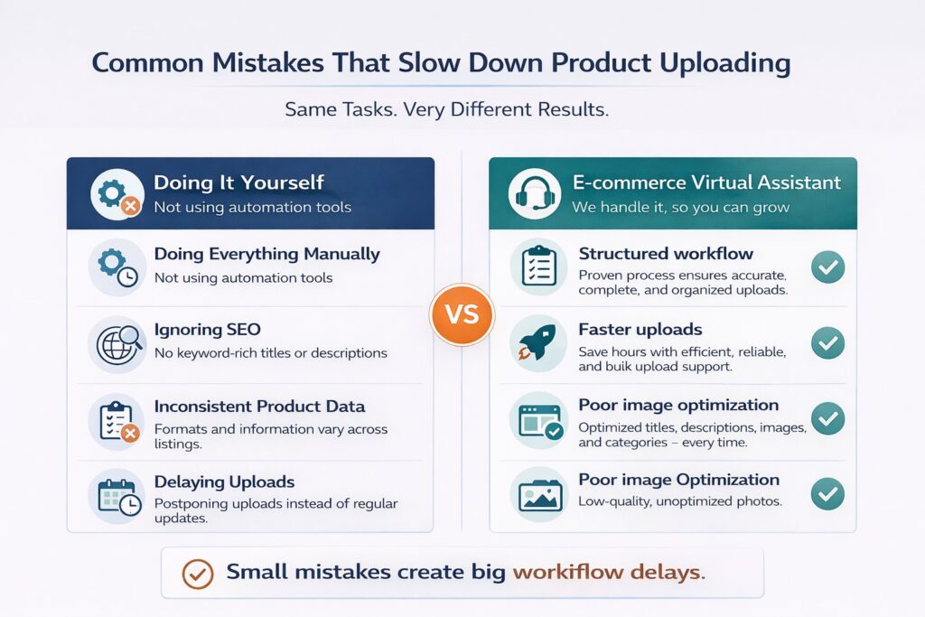 Alt Text: A comparison infographic titled "Common Mistakes That Slow Down Product Uploading" with the subtitle "Same Tasks. Very Different Results." It contrasts a "Doing It Yourself" column on the left (highlighting mistakes like manual work, ignoring SEO, inconsistent data, and delayed uploads) against an "E-commerce Virtual Assistant" column on the left (highlighting structured workflows and faster uploads). A bottom banner reads: "Small mistakes create big workflow delays."