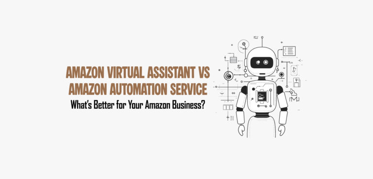 Graphic banner reading "AMAZON VIRTUAL ASSISTANT VS AMAZON AUTOMATION SERVICE: What's Better for Your Amazon Business?". Features a detailed black-and-white line-art drawing of a robot surrounded by technical schematic elements.