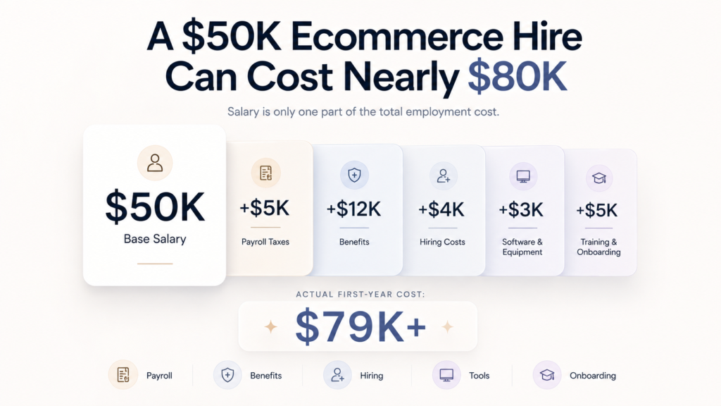 Premium ecommerce cost comparison infographic showing hidden employee costs including payroll taxes, benefits, hiring, software, and onboarding expenses for ecommerce businesses.