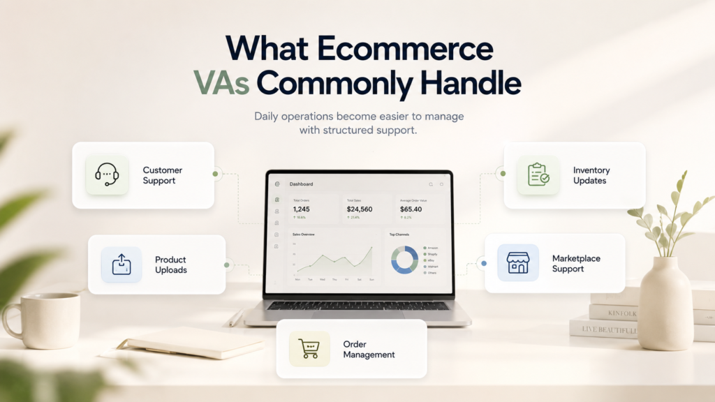 Minimal ecommerce operations infographic showing virtual assistant tasks like customer support, product uploads, inventory updates, marketplace management, and order processing.
