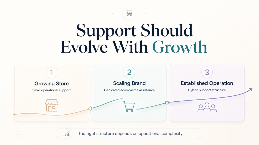 Modern ecommerce growth infographic showing business scaling stages from growing store to established operation with structured operational support systems.