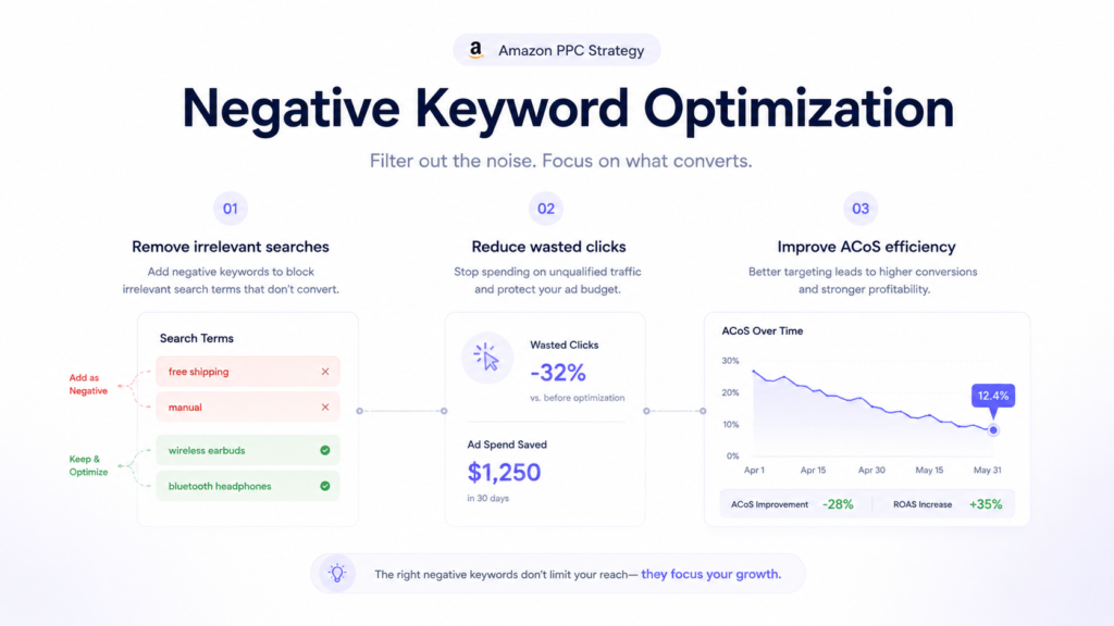 Minimal SaaS-style infographic showing Amazon PPC optimization process with focus on removing wasted ad spend through negative keywords, illustrated with clean keyword filtering, soft analytics graph, and declining cost trend.