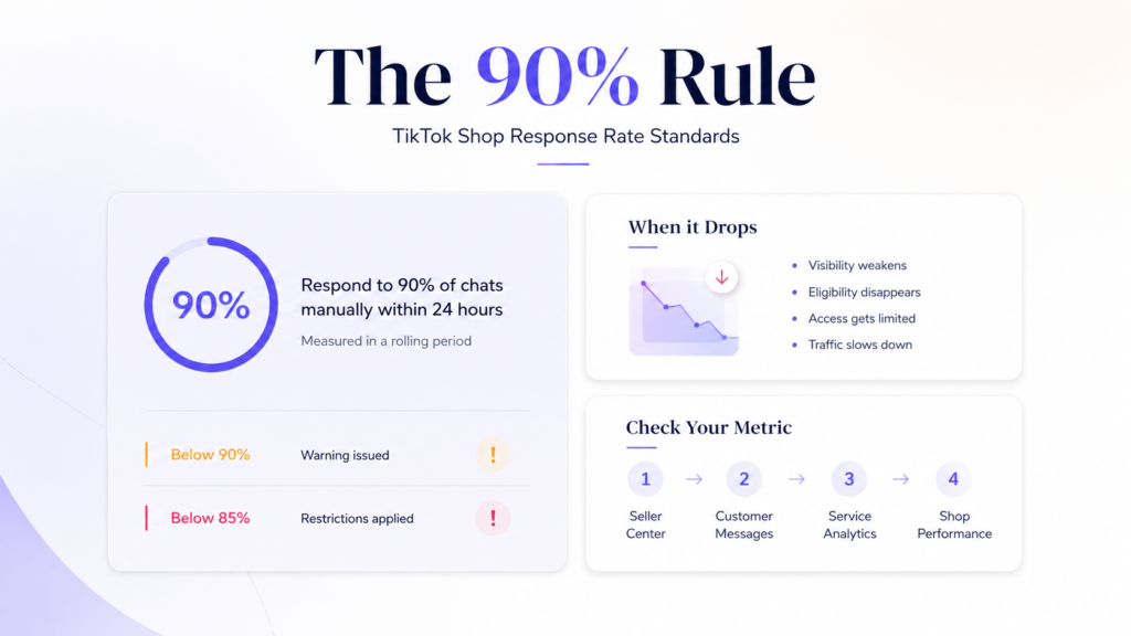 Premium TikTok Shop seller infographic explaining the 90% customer response rate rule and how delayed replies can affect shop visibility and performance.