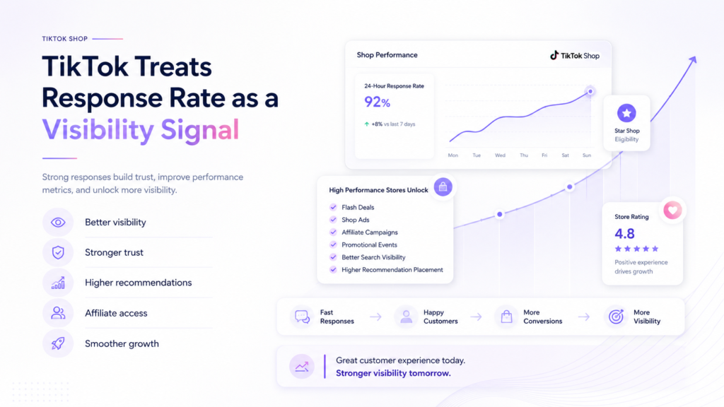Minimal TikTok Shop infographic showing how customer response rate affects visibility, recommendations, affiliate access, and overall marketplace growth performance.