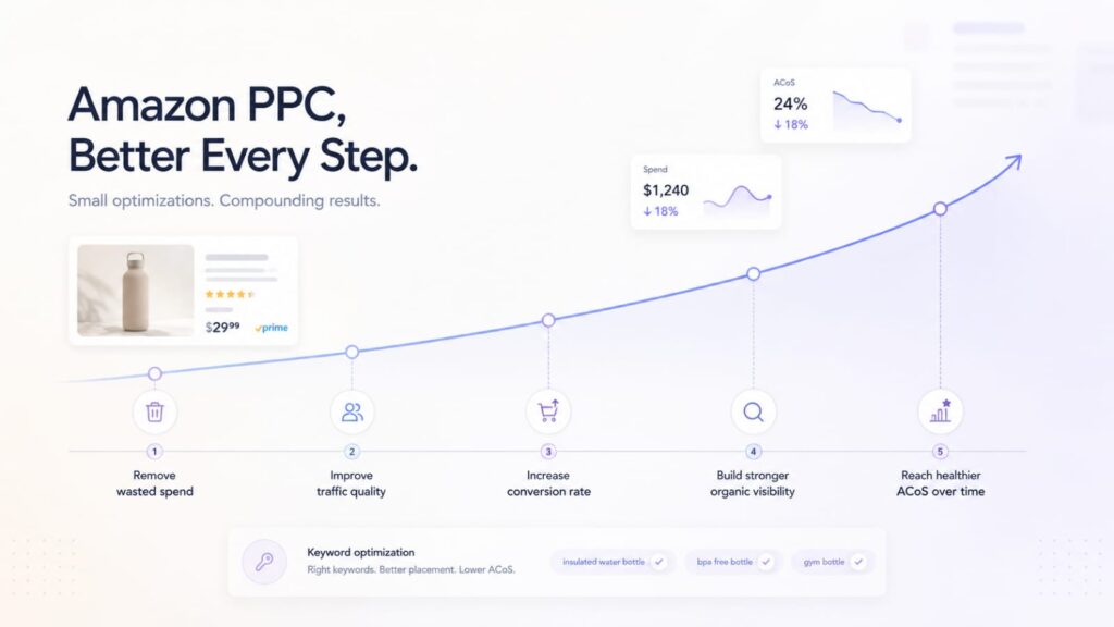 Minimal Amazon PPC growth infographic showing gradual ACoS improvement through cleaner traffic, better conversion, and optimized campaigns.