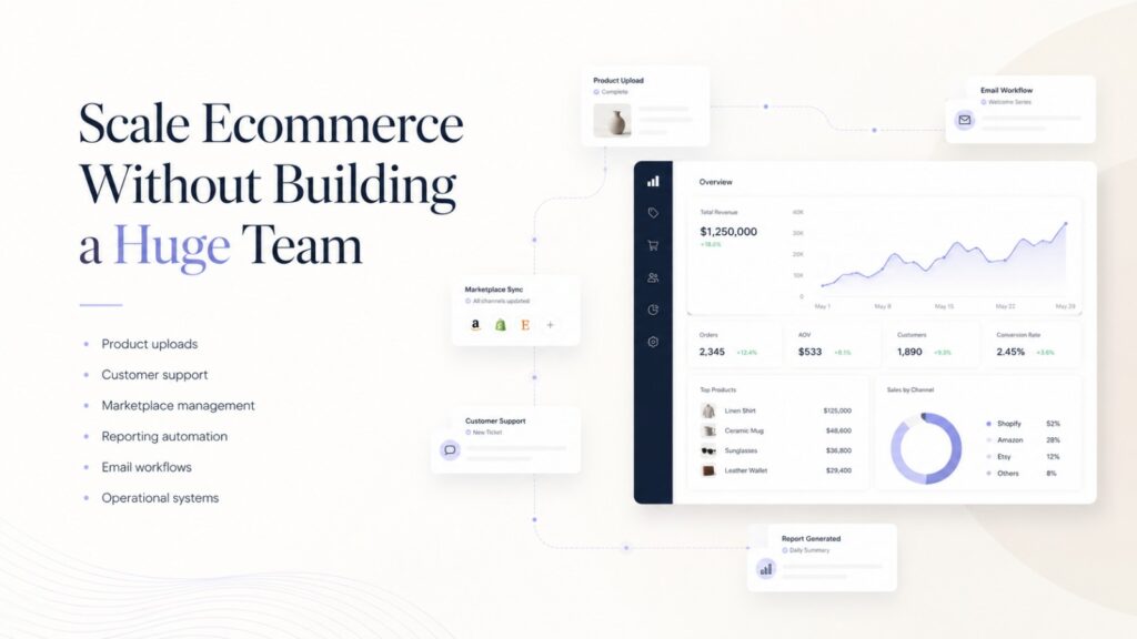 Minimal ecommerce infographic showing how businesses scale using delegation, automation, and streamlined operations instead of hiring large teams.