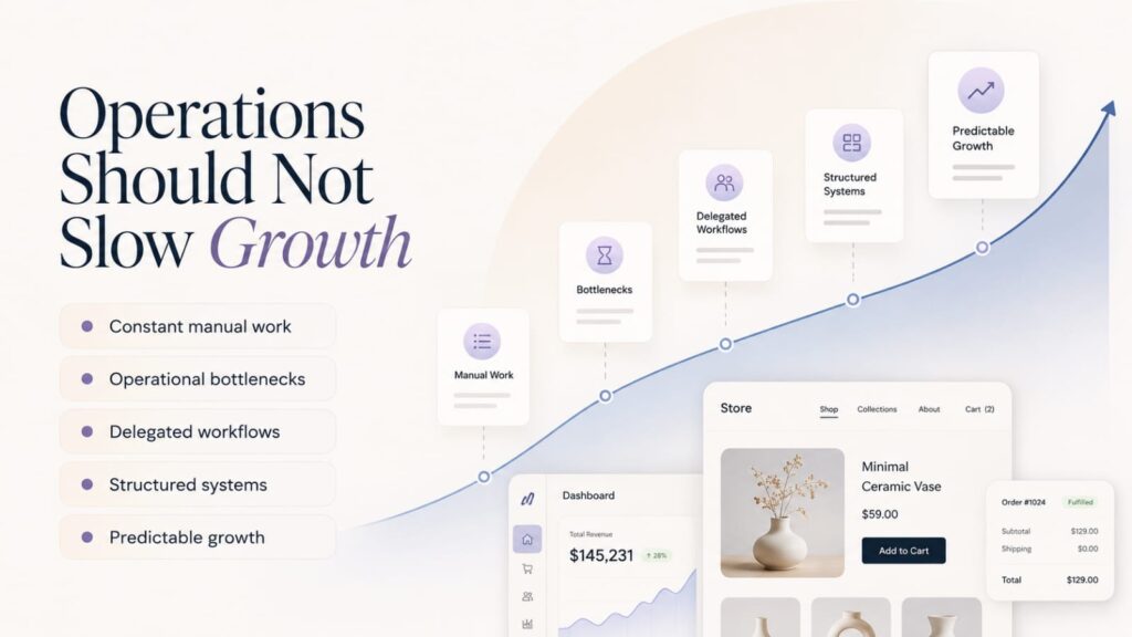 Comparison infographic showing manual ecommerce workload versus structured delegated systems leading to predictable and scalable growth.