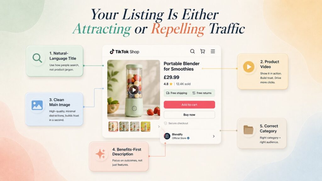 Visual checklist showing key TikTok Shop listing optimisation elements including product titles, product videos, images, descriptions, and category selection for better visibility and conversions.