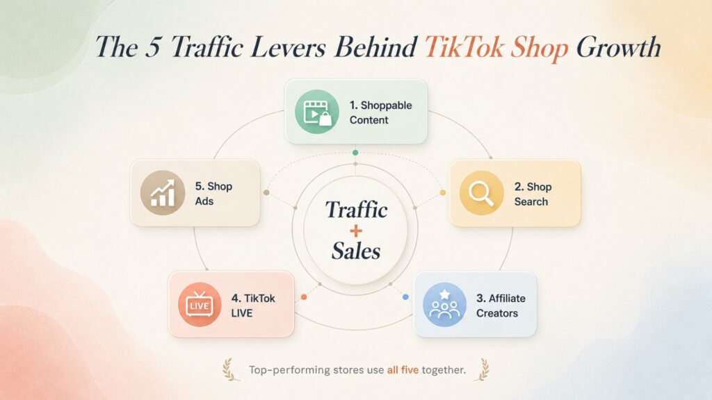 Infographic showing the five main TikTok Shop traffic sources: shoppable content, Shop Tab search, affiliate creators, TikTok LIVE, and Shop Ads working together to drive traffic and sales.