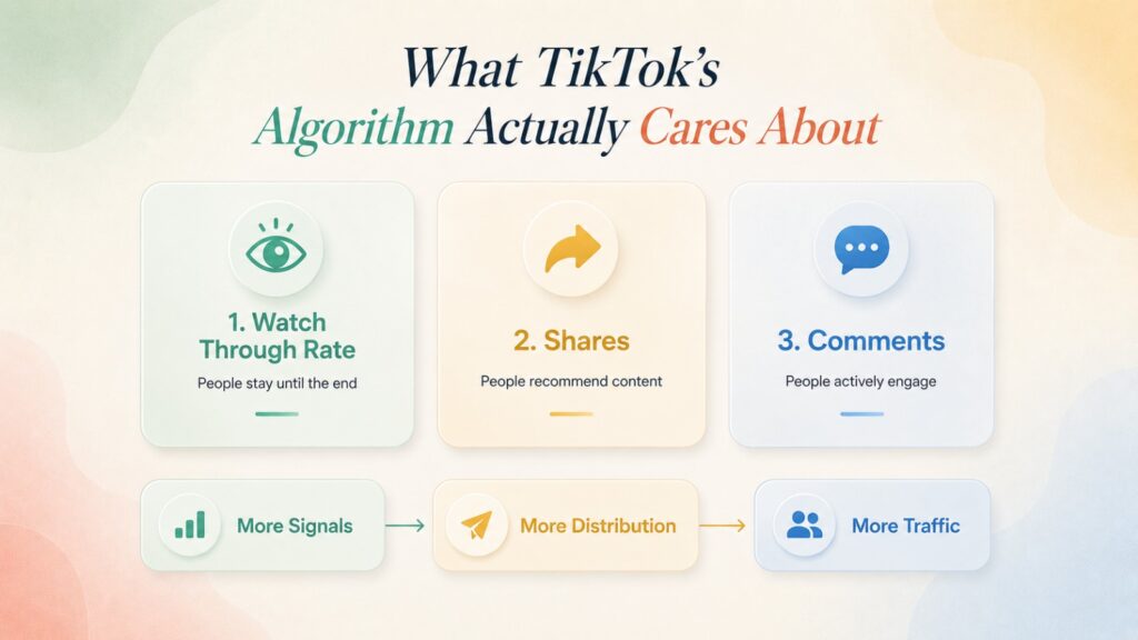 Infographic explaining TikTok algorithm ranking signals including watch through rate, shares, and comments that influence content distribution and traffic growth