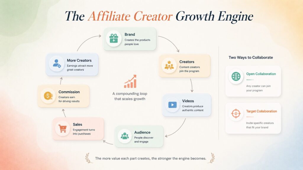 Diagram illustrating how TikTok Shop affiliate creators generate traffic through a cycle of creator content, audience engagement, sales, commissions, and creator recruitment.