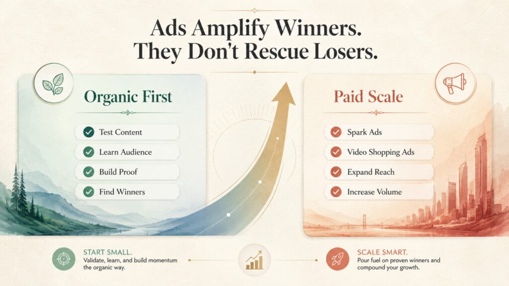 Comparison infographic showing how TikTok Shop sellers should build organic traffic first and then use paid advertising to scale successful content and products.