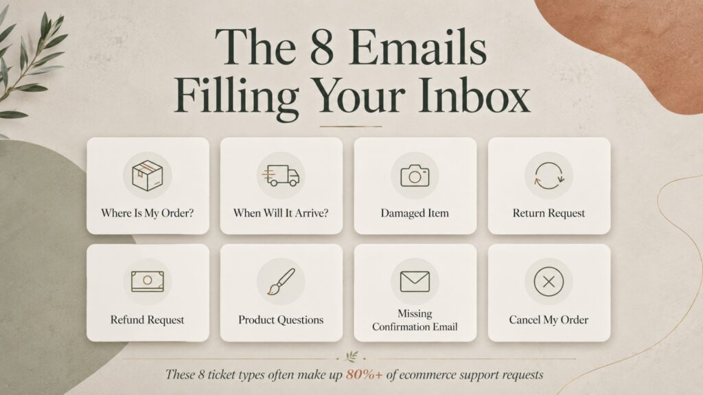 Infographic highlighting the eight most common Shopify customer support emails, including order tracking, returns, refunds, damaged items, cancellations, and product questions.