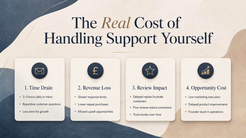 Infographic showing the hidden costs of handling Shopify customer support manually, including time drain, revenue loss, review impact, and opportunity cost for ecommerce store owners.