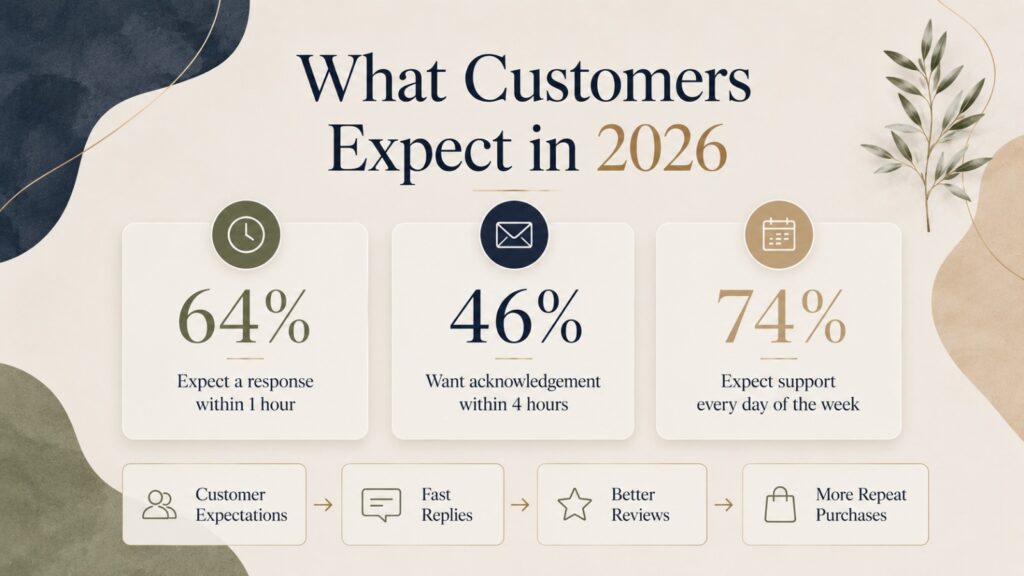 Infographic showing ecommerce customer service expectations in 2026, including response time expectations, acknowledgement speed, and demand for seven-day support availability.