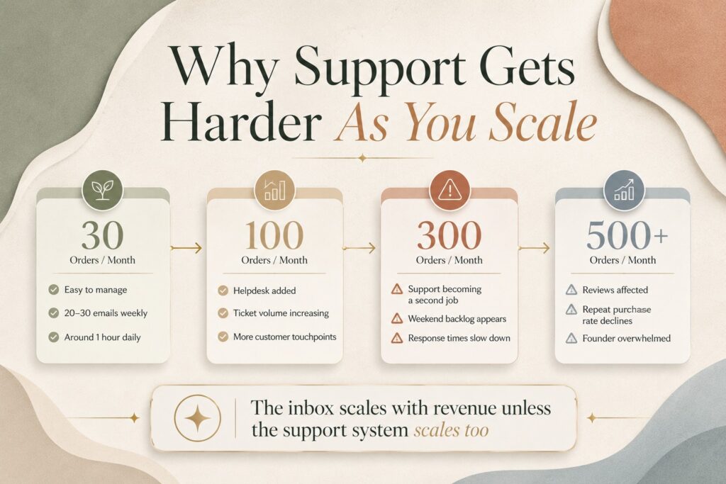 Infographic illustrating how Shopify customer support workload increases as order volume grows from 30 orders per month to more than 500 orders per month.