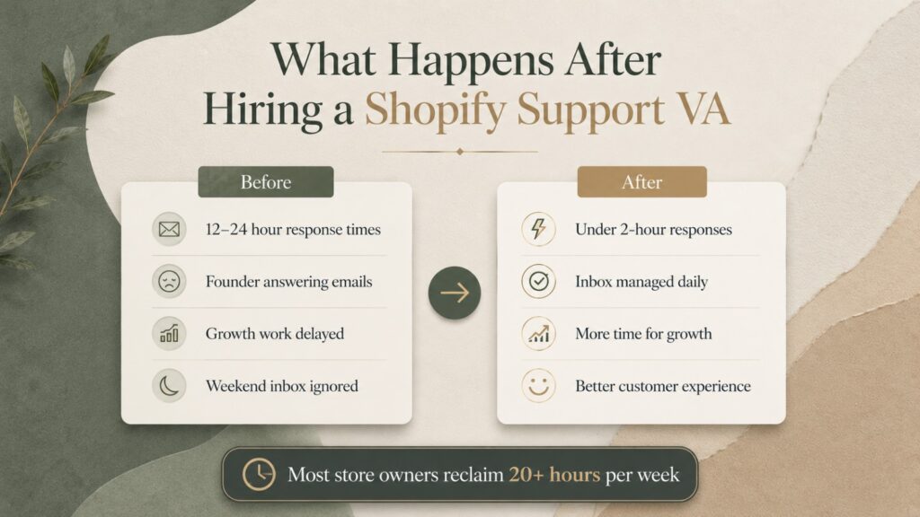 Infographic comparing Shopify store operations before and after hiring a customer support virtual assistant, showing faster response times, reduced workload, and improved customer experience