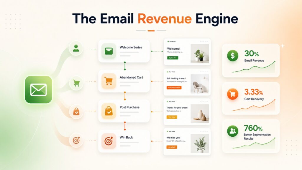Email marketing automation flow showing welcome series, abandoned cart, post-purchase, and win-back campaigns.