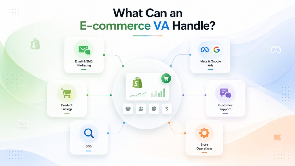 E-commerce virtual assistant services including email marketing, ads management, customer support, SEO, product listings, and store operations