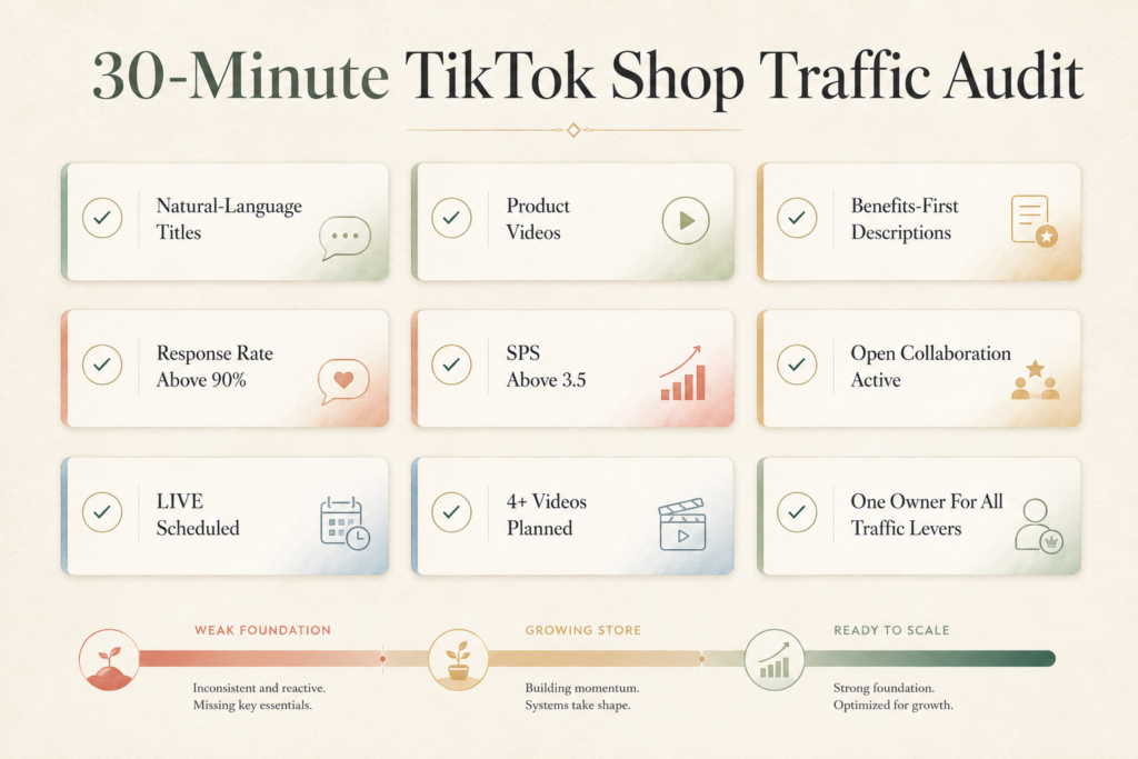 TikTok Shop traffic growth checklist covering shop health, response rates, affiliate programmes, LIVE selling, and content planning.