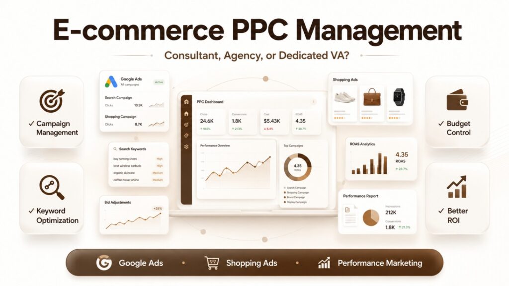 Premium infographic showing ecommerce PPC management with Google Ads campaigns, analytics dashboards, and optimization tools for consultants, agencies, and dedicated PPC virtual assistants