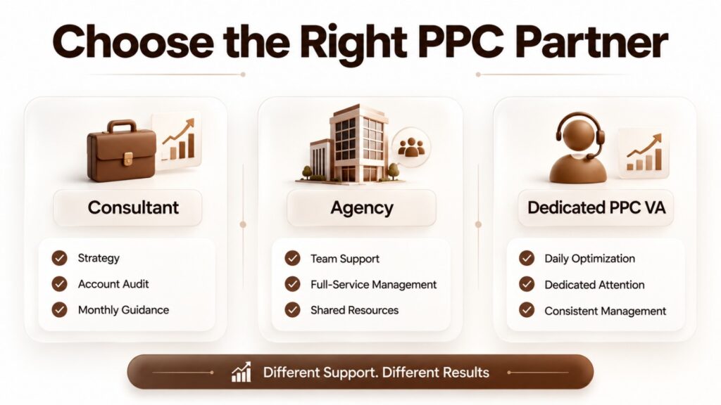 Comparison infographic showing the differences between a PPC consultant, PPC agency, and a dedicated PPC virtual assistant for e-commerce advertising management.